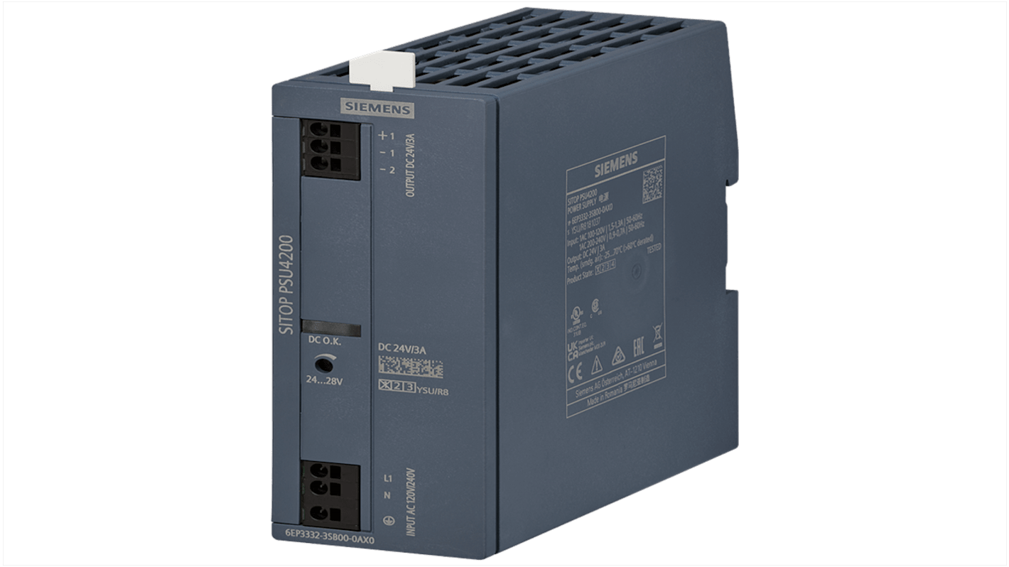 Siemens SITOP PSU4200 24 V / 3 A DIN Rail Power Supply, 120 V ac, 240 V ac ac Input, 24V dc dc Output, 3A Output