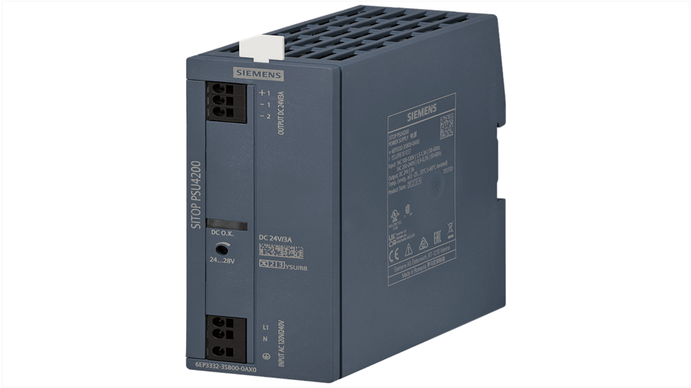 Siemens SITOP PSU4200 24 V / 3 A -Phasen DIN-Schienen Netzteil, 120 V ac, 240 V ac, 24V dc / 3A