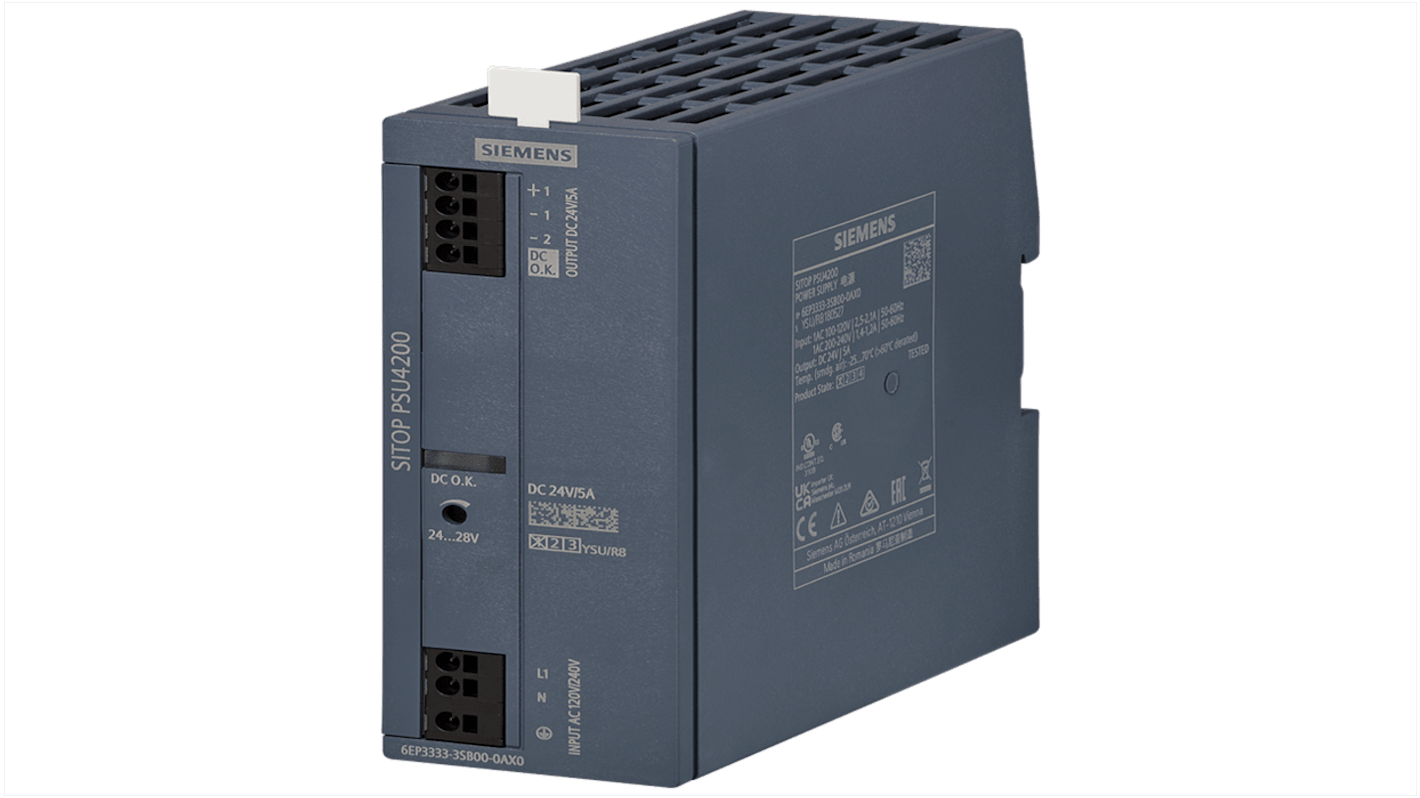 Siemens SITOP PSU4200 24 V / 20 A DIN Rail Power Supply, 120 V ac, 240 V ac ac Input, 24V dc dc Output, 5A Output