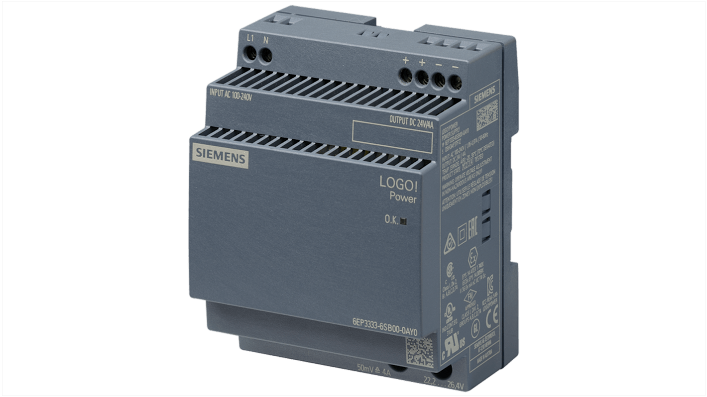 Siemens 6EP3333 DIN Rail Power Supply, 100 → 240V ac ac Input, 24V dc dc Output, 4A Output