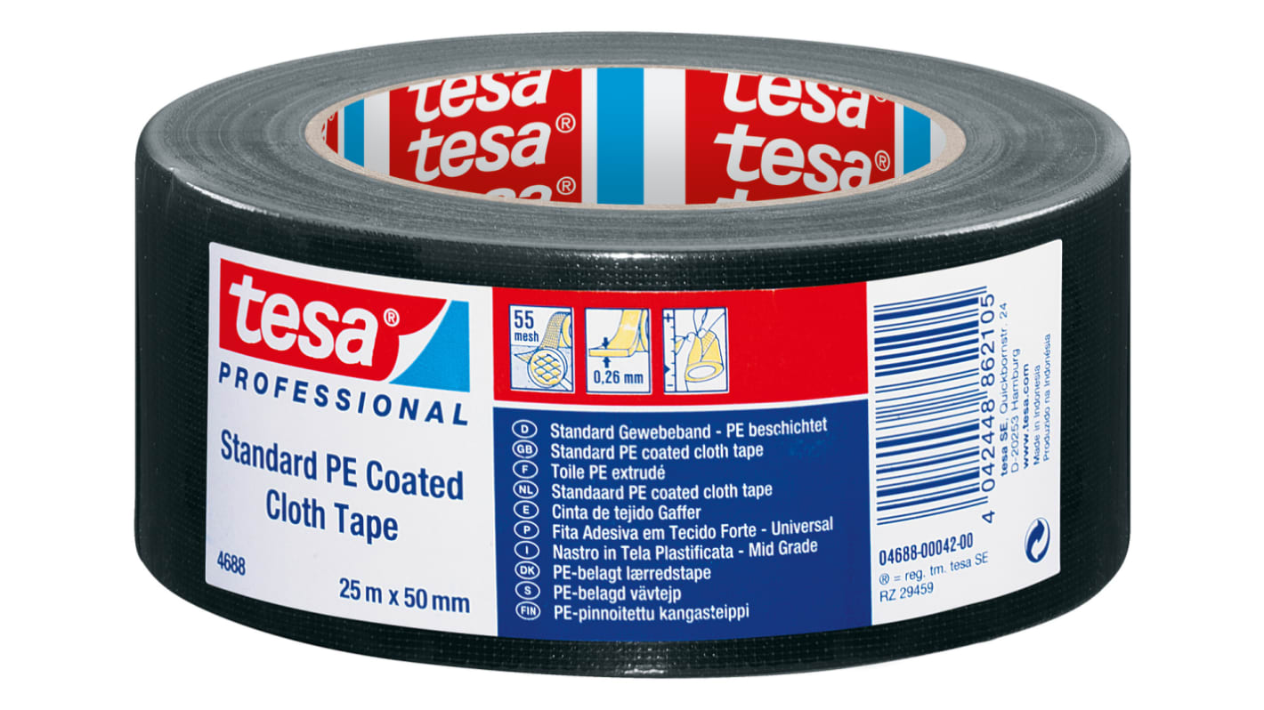 Cinta adhesiva de tela, Tejido de PE extruído Tesa 04688-00042 de color Negro, 50 x 25, grosor 0.26mm