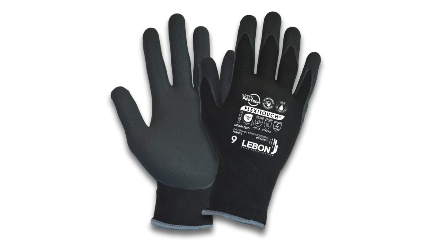 Guantes de trabajo de Poliamida Lebon Protection serie FLEXITOUCH, talla 6, Negro, con recubrimiento de Bipolímero,