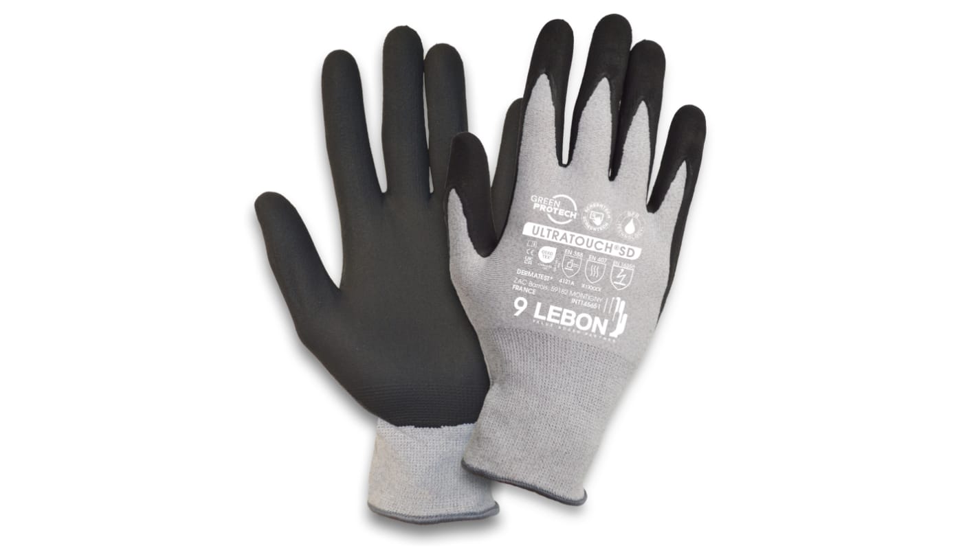 Guantes de trabajo de Poliamida Negro; gris Lebon Protection serie ULTRATOUCH, talla 6, con recubrimiento de