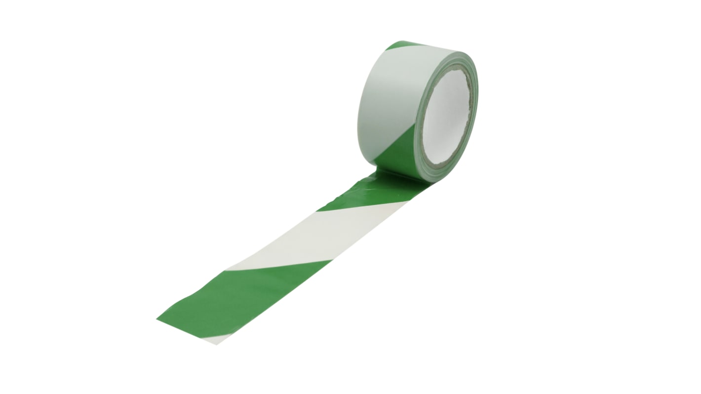 RS PRO Green/White PVC 33mm Hazard Tape, 0.15mm Thickness