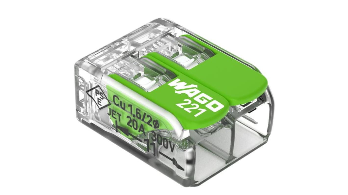 WAGO 221 Series Lever Connector, 2-Way, 0.14 → 4 mm² Wire
