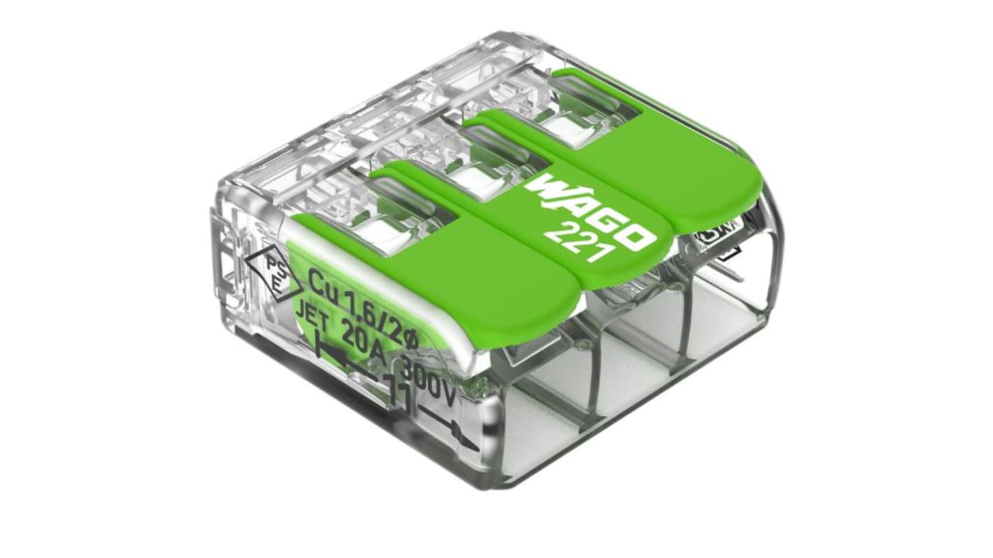 WAGO 221 Series Lever Connector, 3-Way, 0.14 → 4 mm² Wire