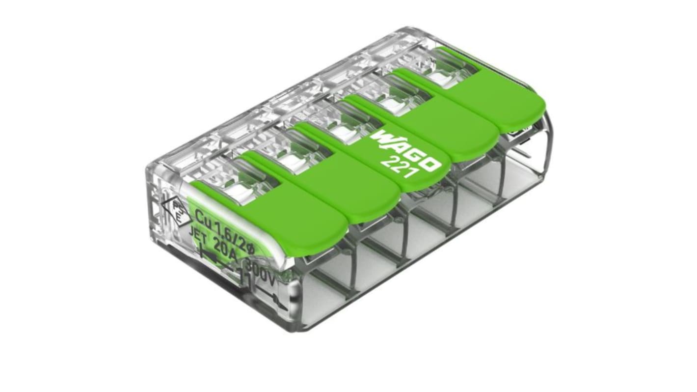 WAGO 221 Series Lever Connector, 5-Way, 0.14 → 4 mm² Wire