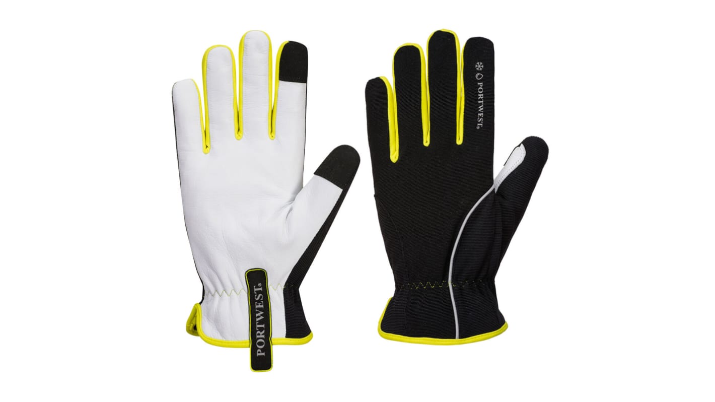 Portwest A776 Black/Yellow Elastic, Goatskin, Nylon, Polyester Mechanic Gloves, Size 7
