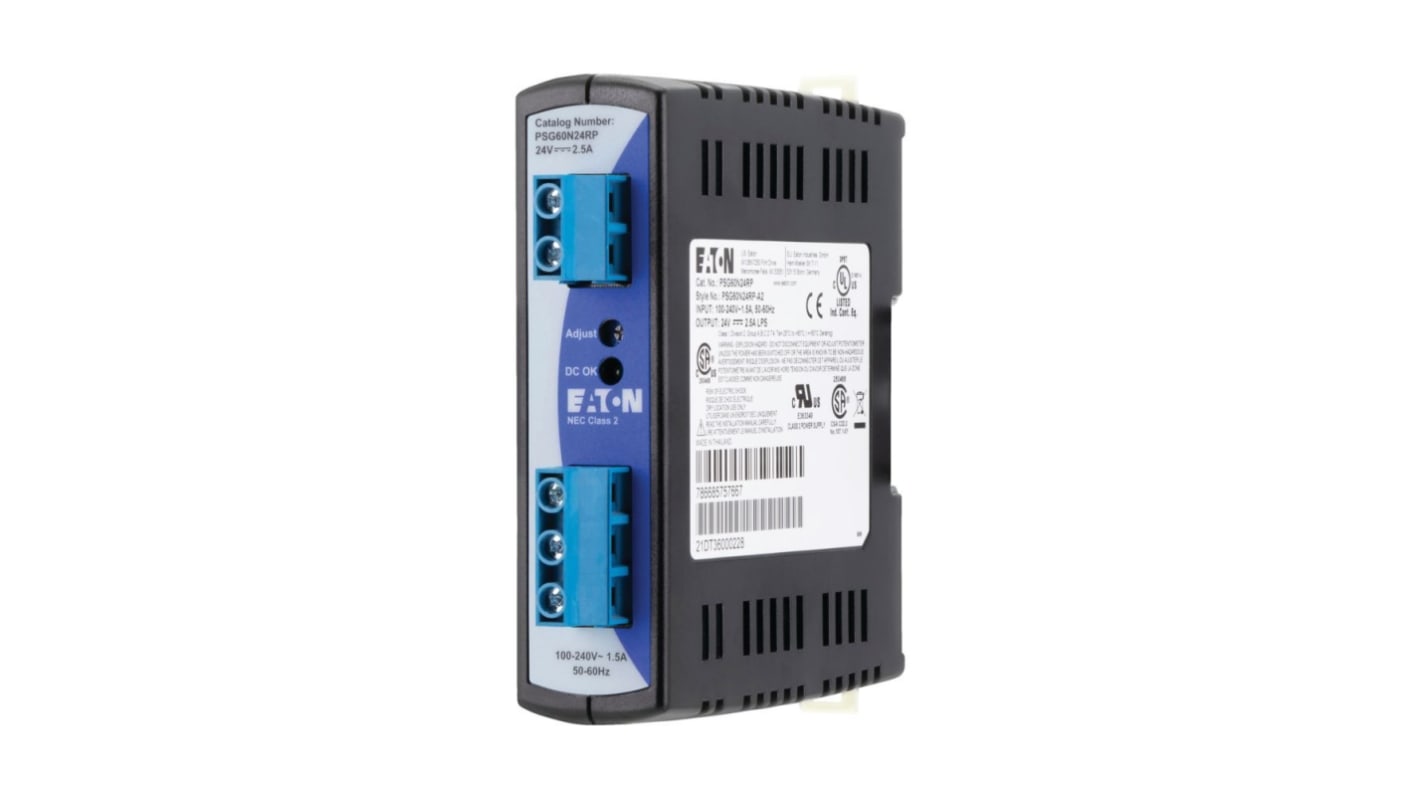 Eaton 172890 DIN Rail Power Supply, 240V ac ac Input, 24V dc dc Output, 2.5A Output, 60W