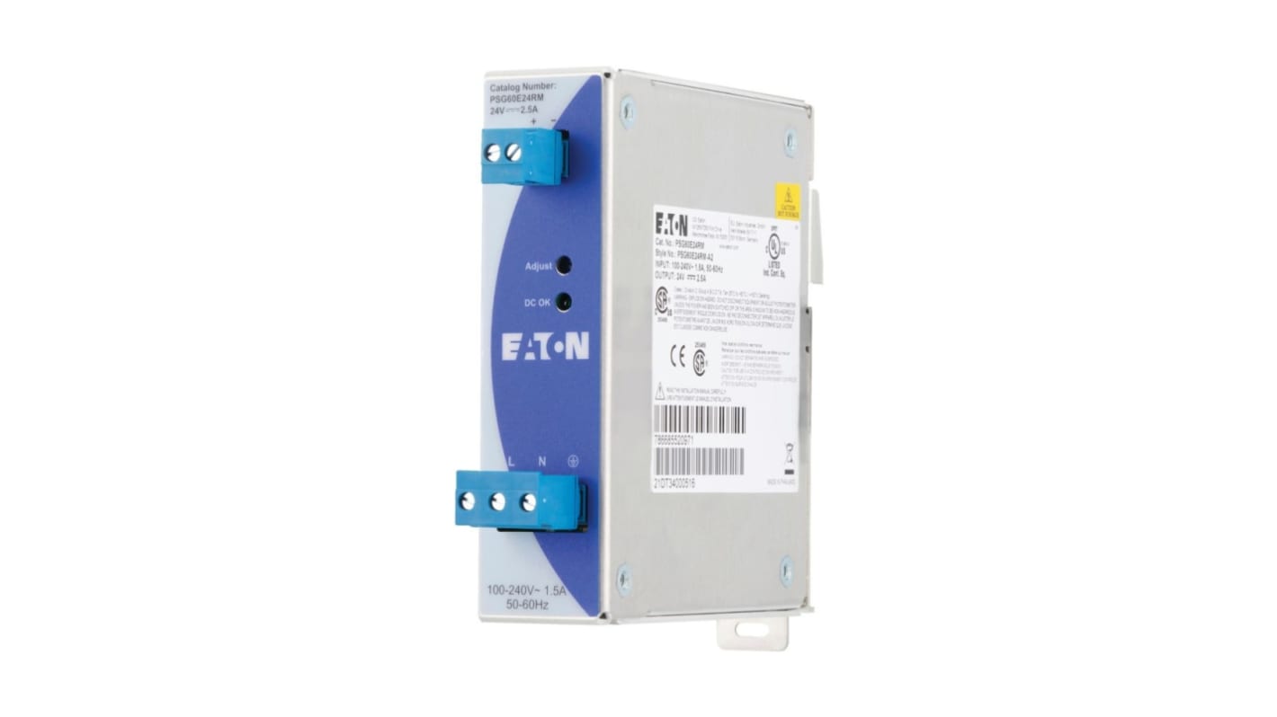 Eaton 172891 DIN Rail Power Supply, 240V ac ac Input, 24V dc dc Output, 2.5A Output, 60W