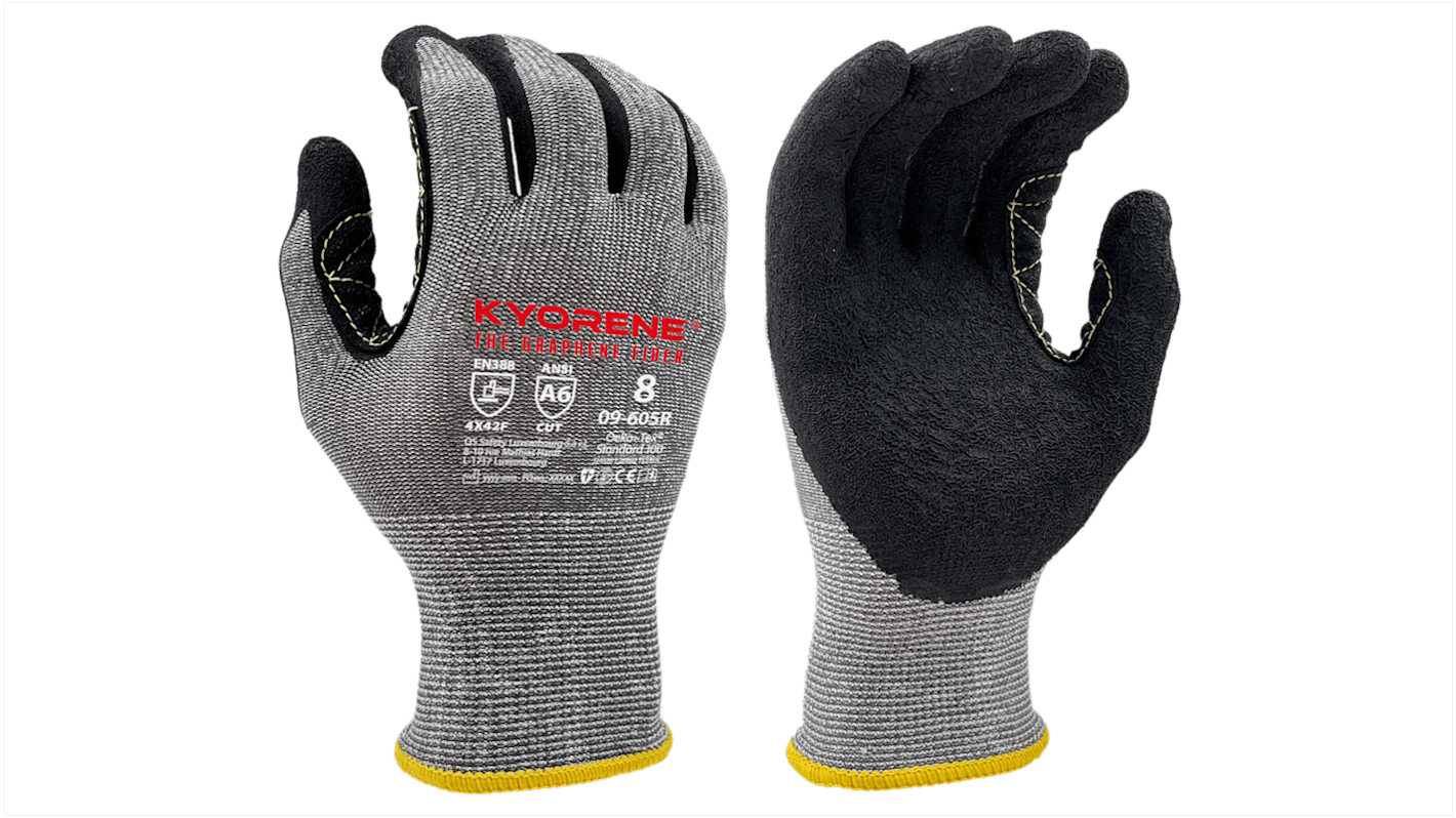 KYORENE 09-605R1 Black, Grey Graphene, Nylon Cut Resistant Gloves, Size 8, Latex Coating