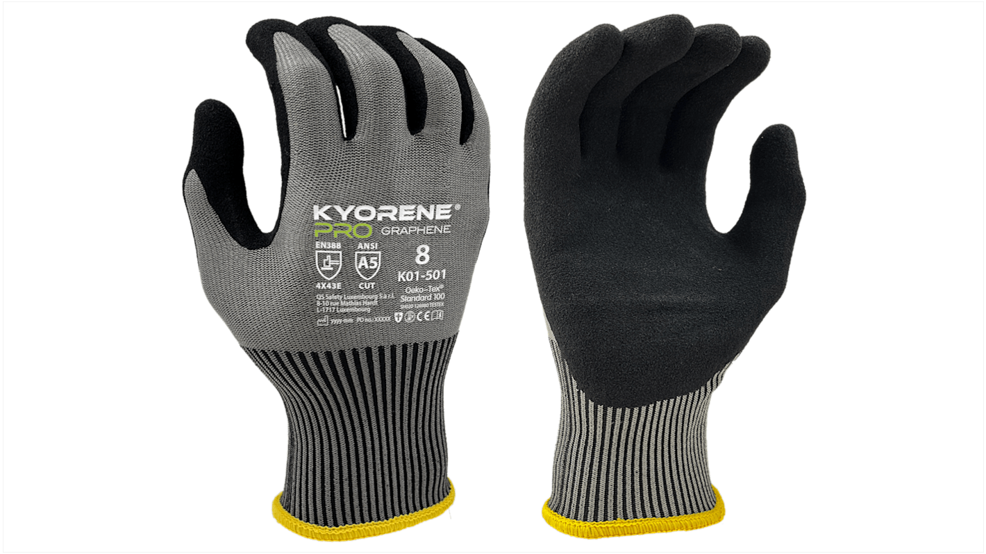 Guantes de Grafeno, Nylon Negro; gris KYORENE serie K01-501, talla 10, con recubrimiento de Microespuma de nitrilo