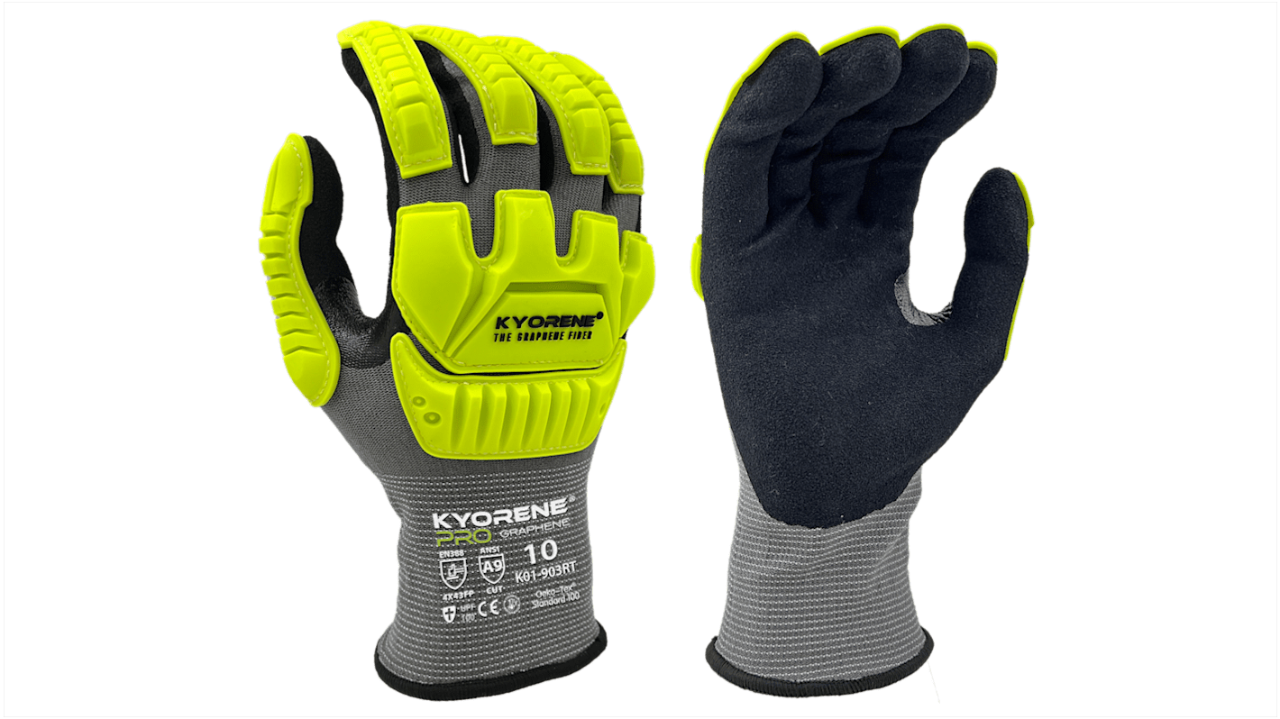 Guantes de Grafeno, Nylon Gris, Amarillo KYORENE serie K01-903RT, talla 11, con recubrimiento de Microespuma de nitrilo