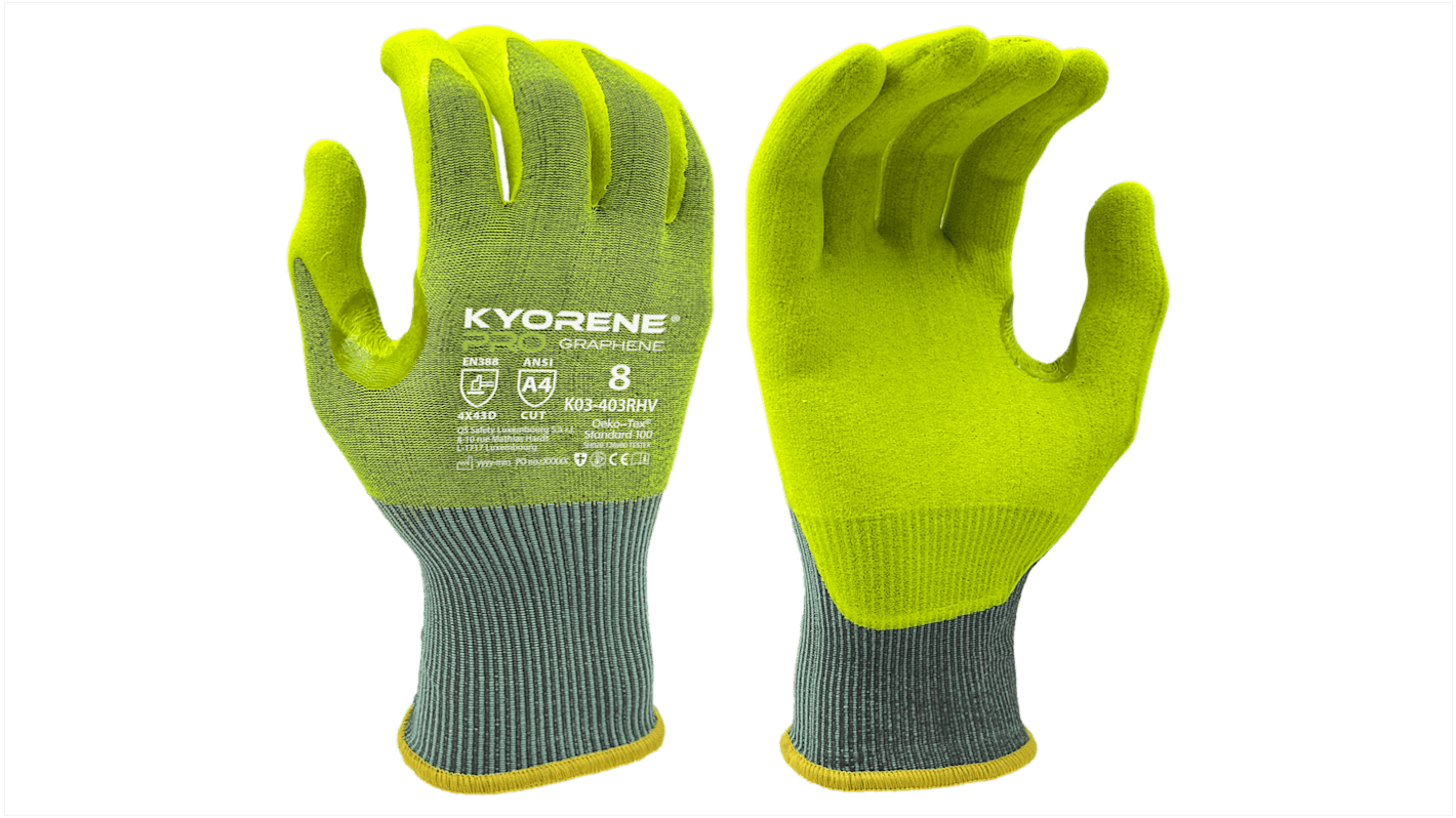 Guantes de Grafeno, Nylon Gris, Amarillo KYORENE serie K03-403R HV, talla 10, con recubrimiento de Nitrilo