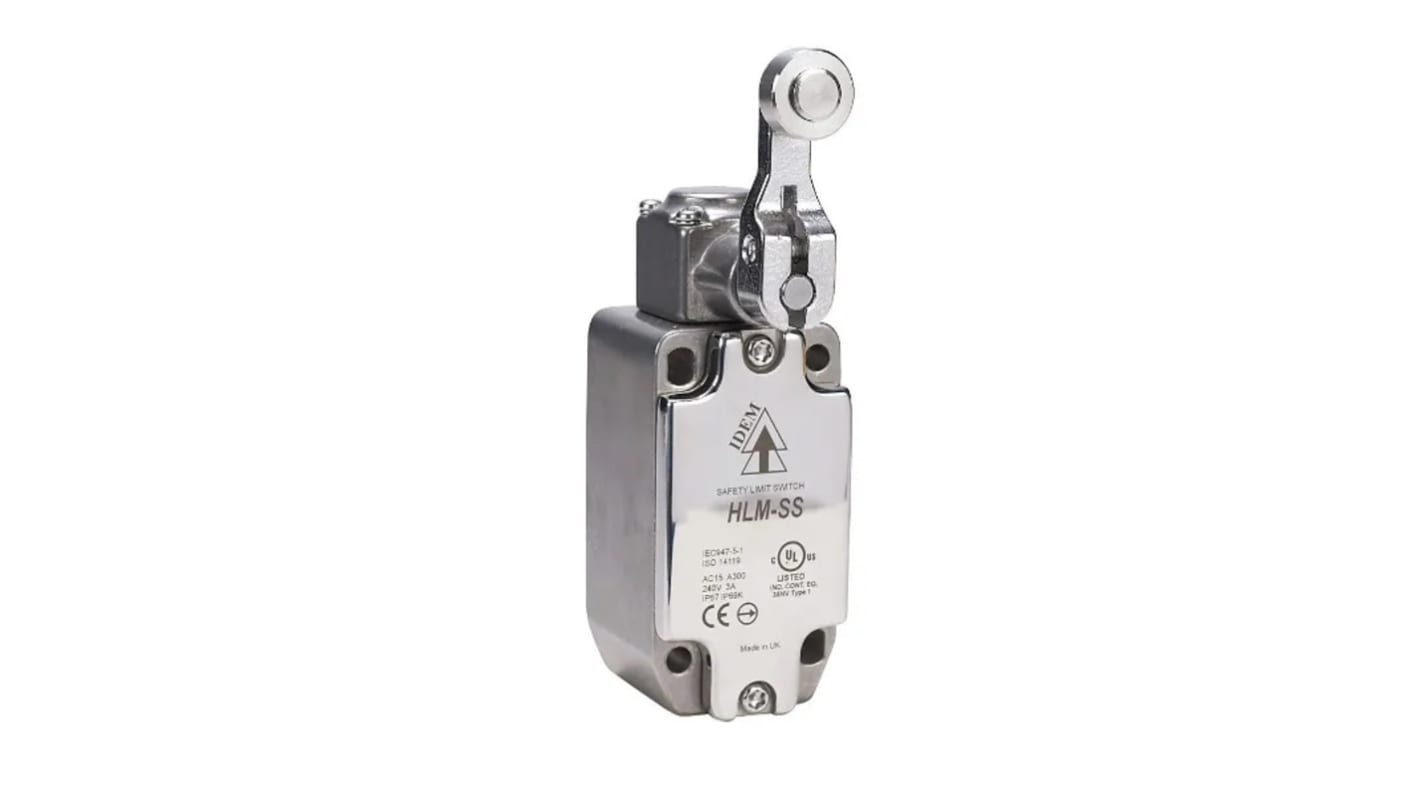 IDEM HLM-SS Series Short Roller Lever Safety Limit Switch, 2NC, 2NO, IP67, IP69K, 2NO/2NC, Stainless Steel Housing,