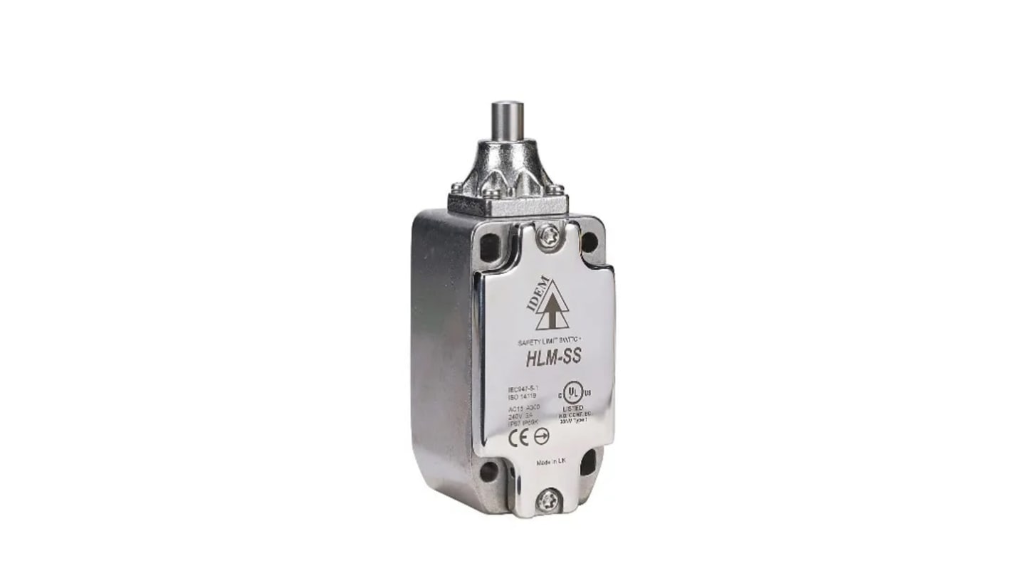 IDEM HLM-SS Series Pin Plunger Safety Limit Switch, 2NC, 2NO, IP67, IP69K, 2NO/2NC, Stainless Steel Housing, 240V ac