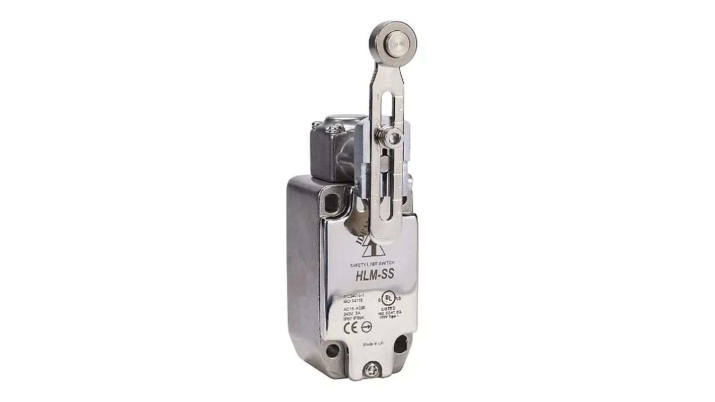 IDEM HLM-SS Series Adjustable Roller Lever Safety Limit Switch, 2NC, 2NO, IP67, IP69K, 2NO/2NC, Stainless Steel