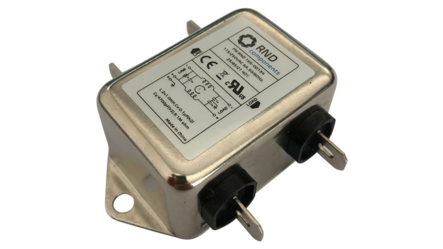 RND 单相EMI滤波器, 6A, 250 V, 50 Hz, 60 Hz, 底盘安装, 插片接端, RND 165系列