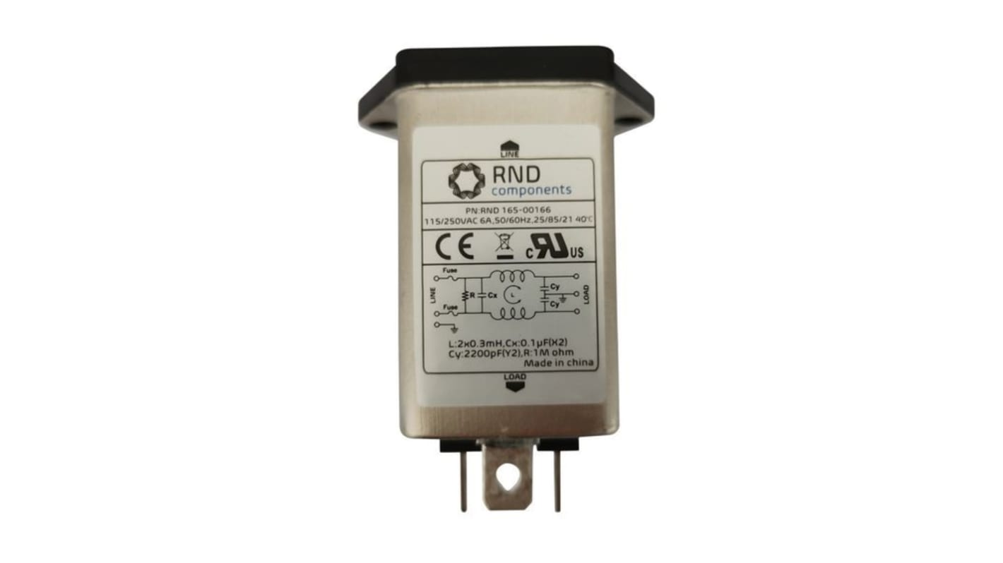 RND, RND 165 6A 250 V 50 Hz, 60 Hz, Chassis Mount EMI Filter, Tab, Single Phase