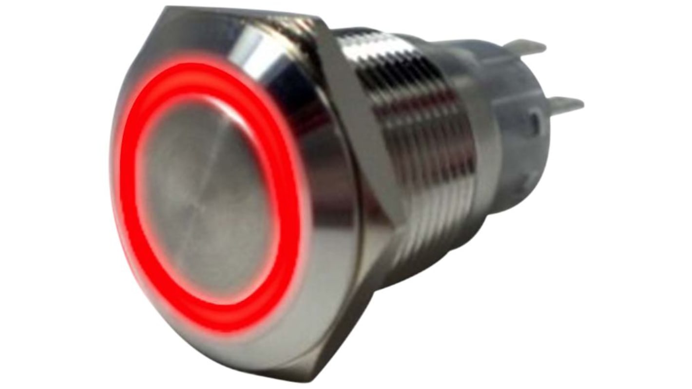 RND RND 210 Series Illuminated Vandal Proof Push Button Switch, Latching, Panel Mount, 19mm Cutout, 1NC, 1NO, Red LED,