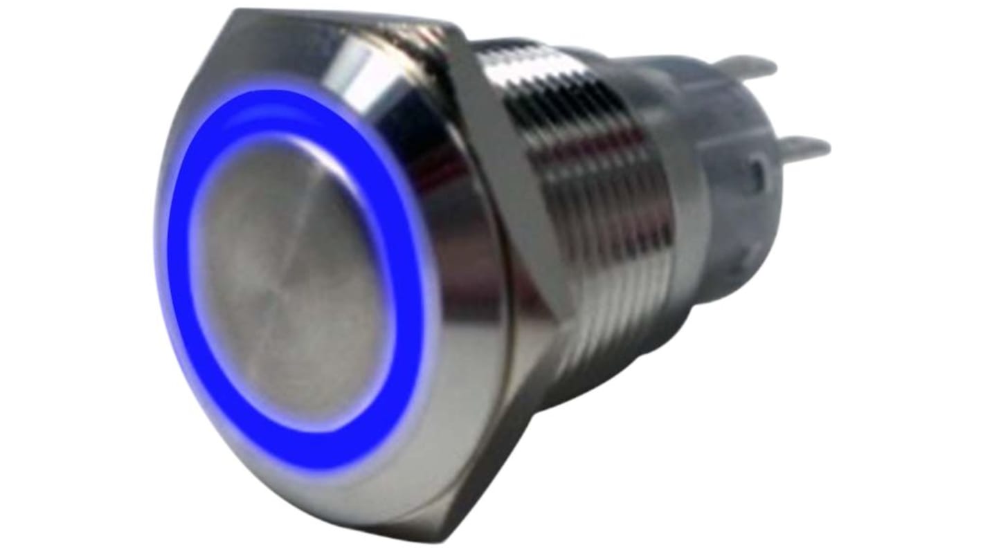 RND RND 210 Series Illuminated Vandal Proof Push Button Switch, Latching, Panel Mount, 19mm Cutout, 1NC, 1NO, Blue LED,