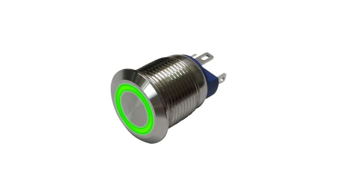 RND RND 210 Series Illuminated Vandal Proof Push Button Switch, (On)-Off, Panel Mount, 12mm Cutout, 1NO, Green LED, 36V