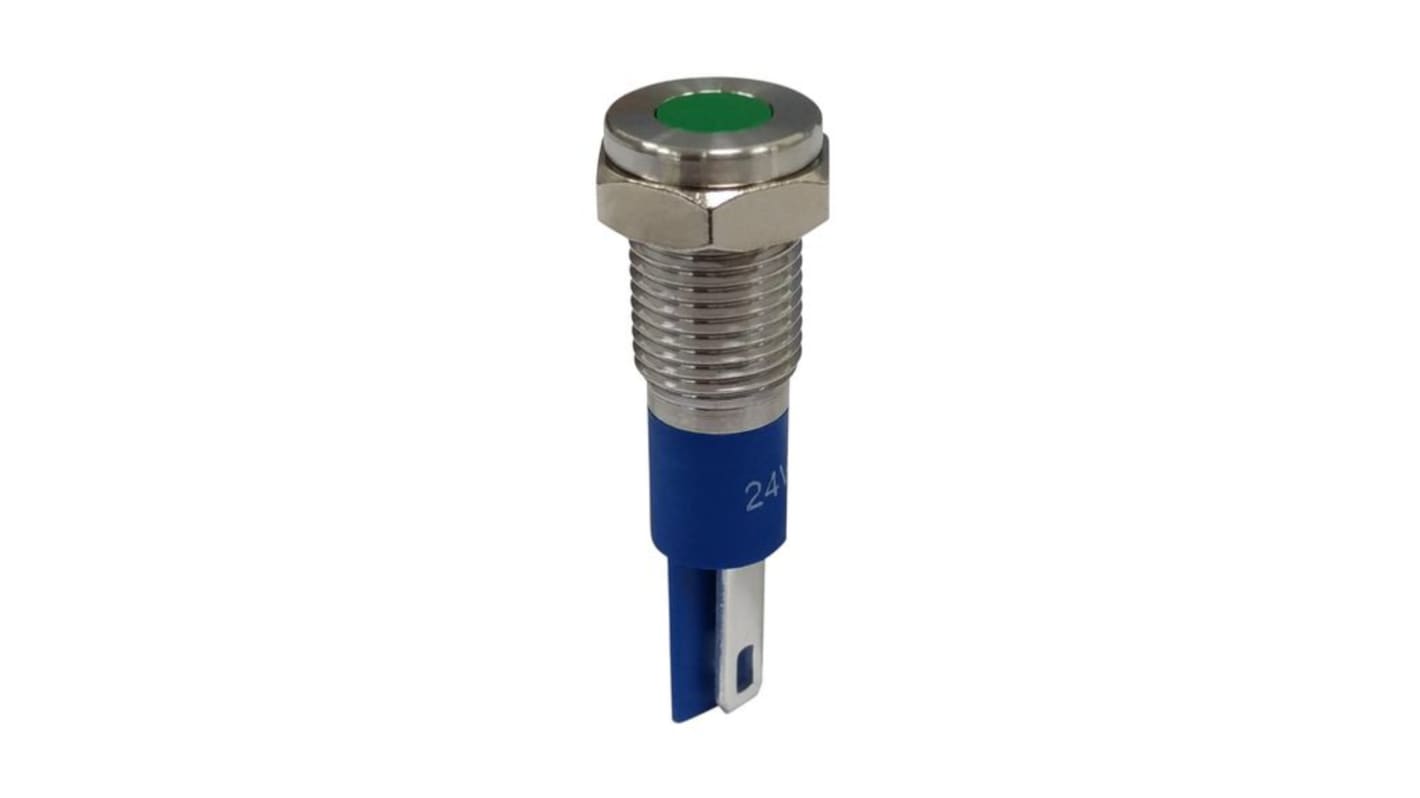 RND RND 210 Series Green Panel Mount Indicator, 24V, 8mm Mounting Hole Size, Solder Tab Termination