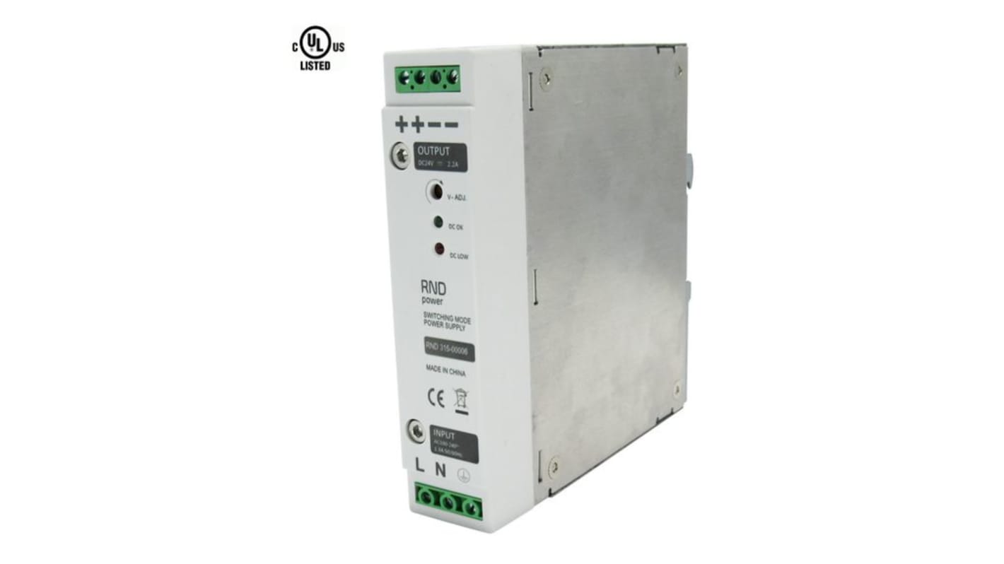 RND RND 315 Switched Mode DIN Rail Power Supply, 100 → 240V ac ac Input, 24V dc dc Output, 2.2A Output, 50W