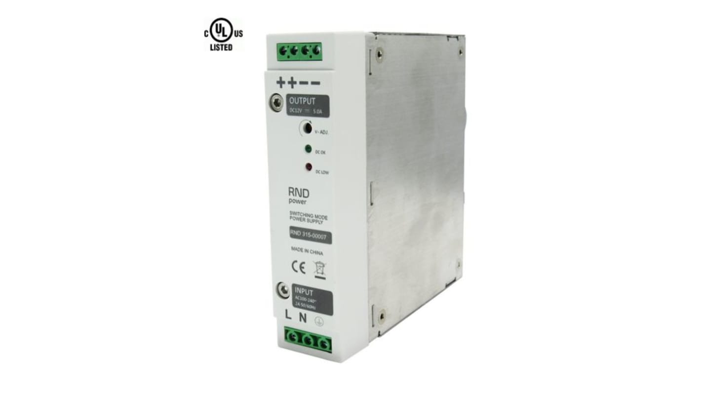 RND RND 315 Switched Mode DIN Rail Power Supply, 100 → 240V ac ac Input, 12V dc dc Output, 5A Output, 70W