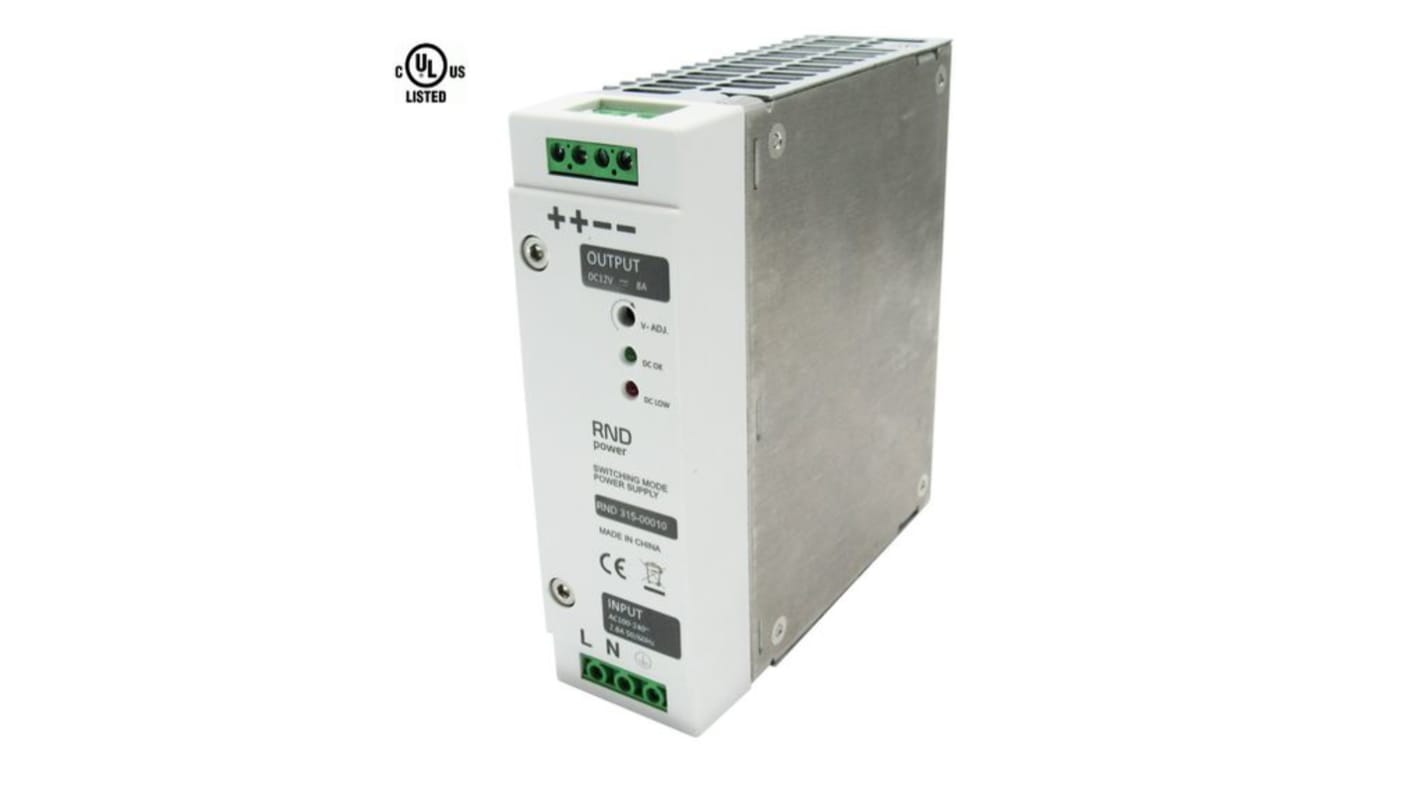 RND RND 315 Switched Mode DIN Rail Power Supply, 100 → 240V ac ac Input, 12V dc dc Output, 8A Output, 120W