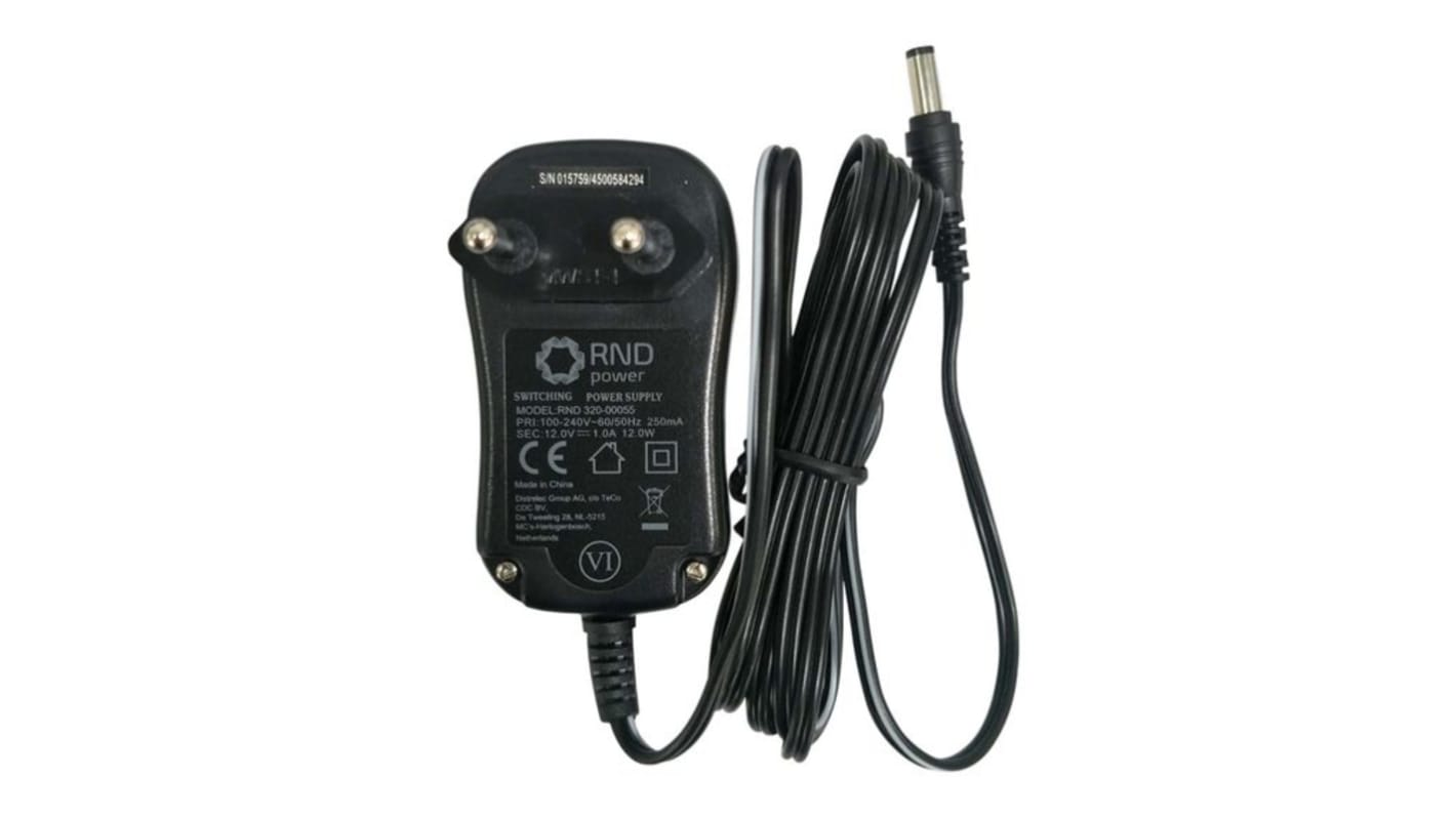 RND 12W Portable Plug Adapter 12V dc Output, 1A Output