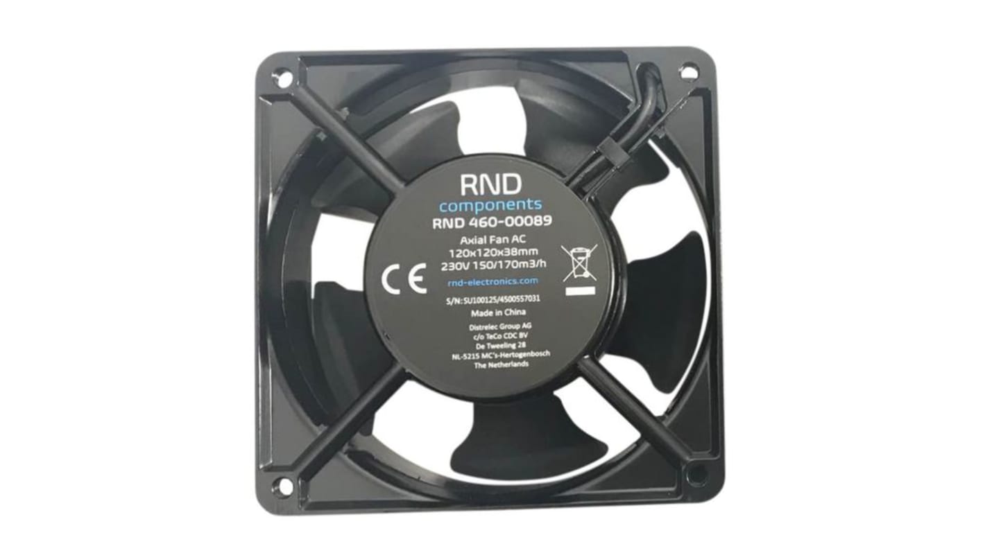 RND Axial Fan, 230 V ac, ac Operation, 94.4cfm, 15.4W, 10mA Max, IP44, 120 x 120 x 38mm