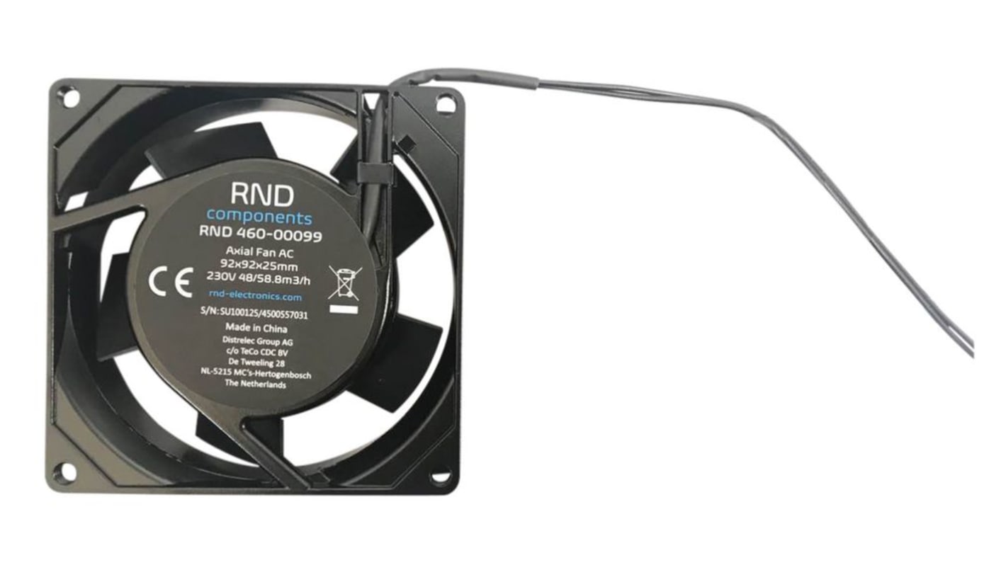 RND Axial Fan, 230 V ac, ac Operation, 29.35cfm, 10.7W, 60mA Max, IP44, 92 x 92 x 25mm