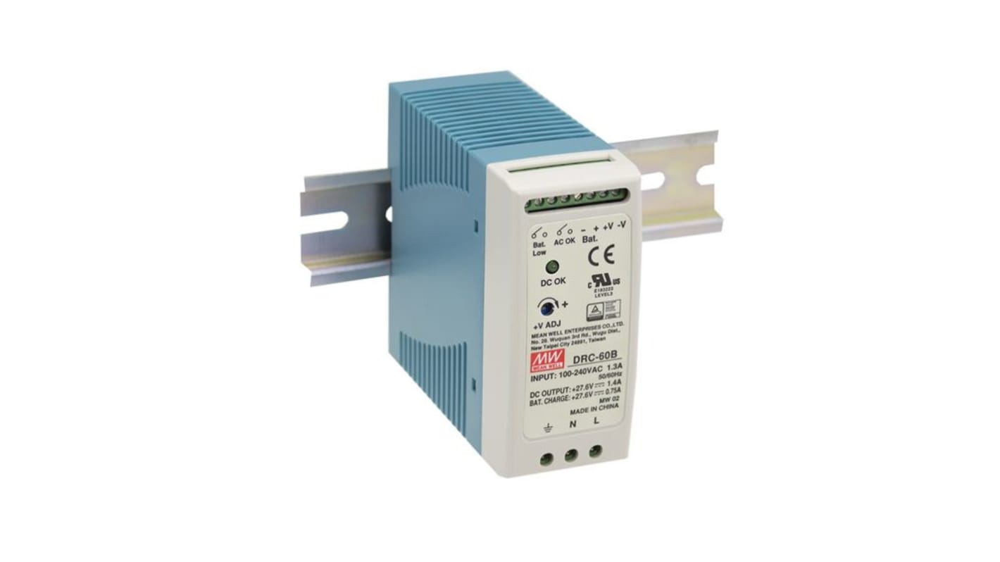 MEAN WELL DRC Battery Charger DIN Rail Power Supply, 264V ac ac Input, 13.8V dc dc Output, 2.8A Output, 60W