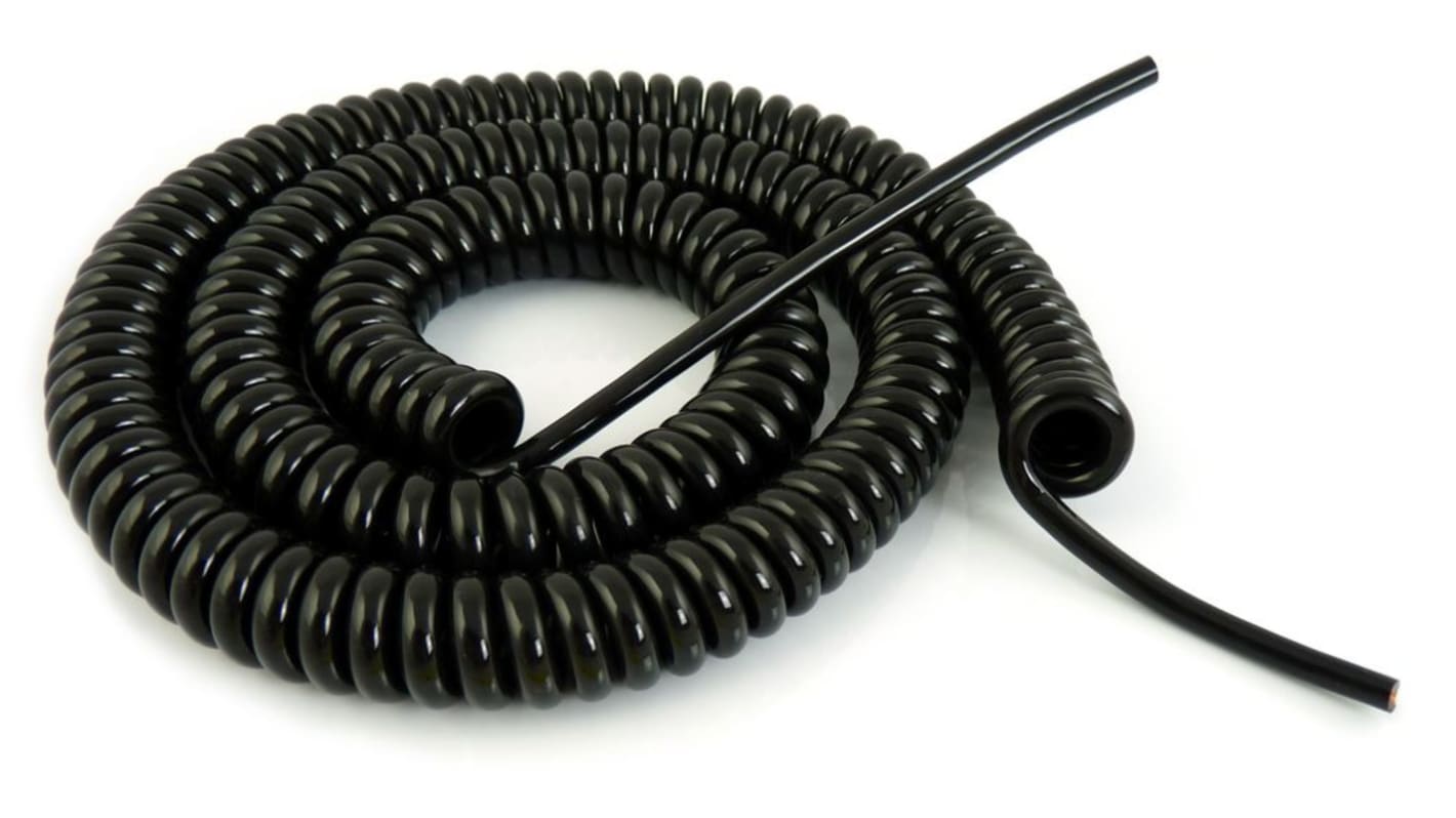 TBS de Buck B.V., Spiral Cable, 2m 4 Core, Black Polyurethane PUR Multicore Mains Power Cable