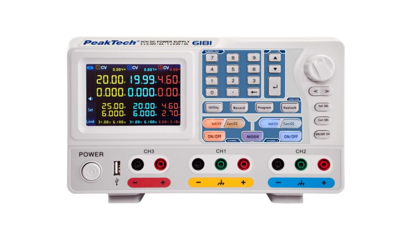 Zasilacz laboratoryjny 2x 0 → 30V dc 2 x 0 → 6A PeakTech 180W Zasilacz laboratoryjny