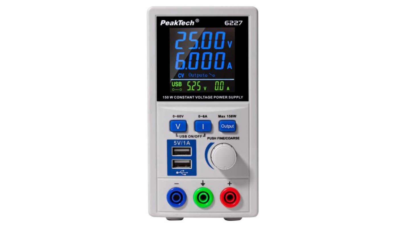 Zasilacz laboratoryjny 0 → 60V 0 → 6A PeakTech 150W Zasilacz impulsowy