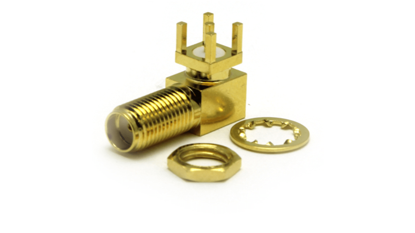 RS PRO Buchse Koaxialsteckverbinder SMA-Steckverbinder, PCB, 50Ω, Subminiatur mit Trennwand, gewinkelt