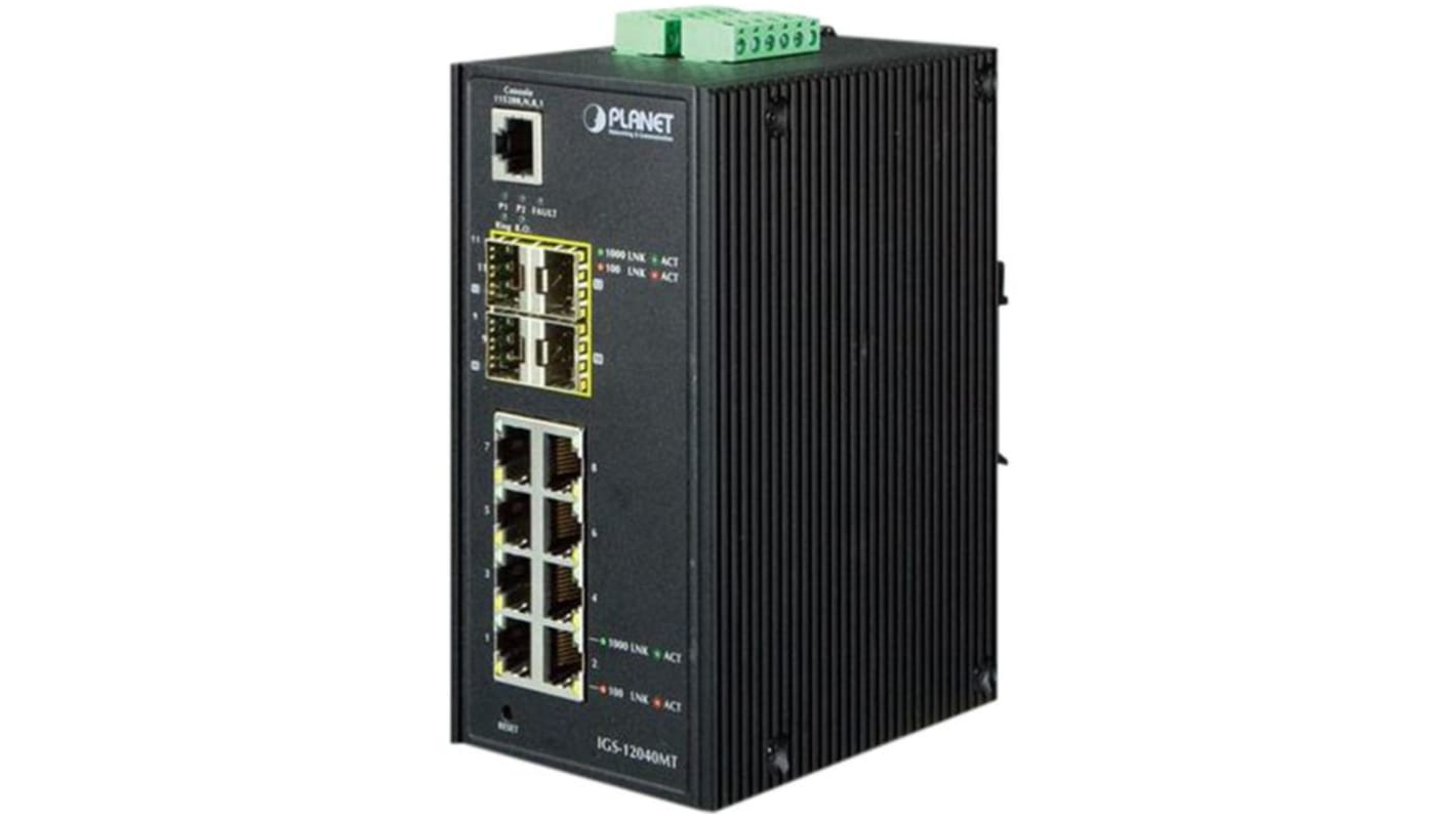 Swtich Ethernet industrial Planet IGS-12040MT, 8 puertos RJ45, Montaje Carril DIN, pared, 100Mbit/s