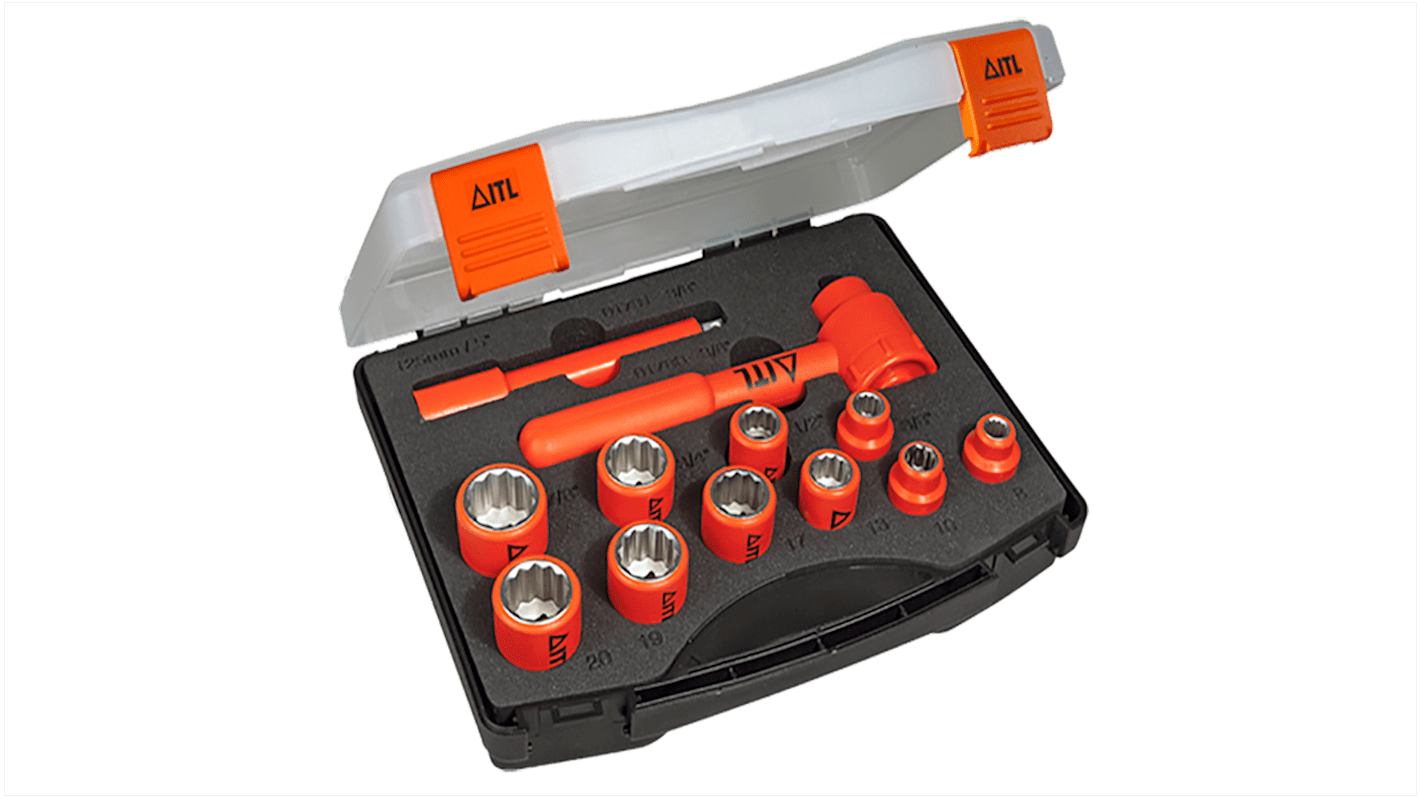 ITL Insulated Tools Ltd 12-Piece Imperial, Metric 3/8 in Standard Socket Set with Ratchet, 12 point, VDE/1000V