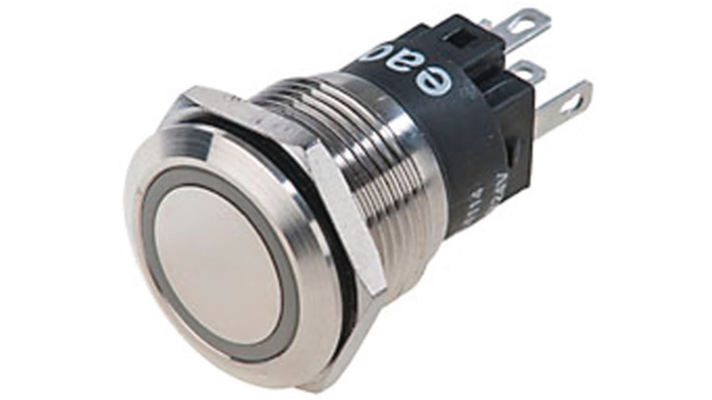 EAO Illuminated Push Button Switch, Momentary, Panel Mount, 22mm Cutout, 1CO, Yellow LED, 24V, IP65