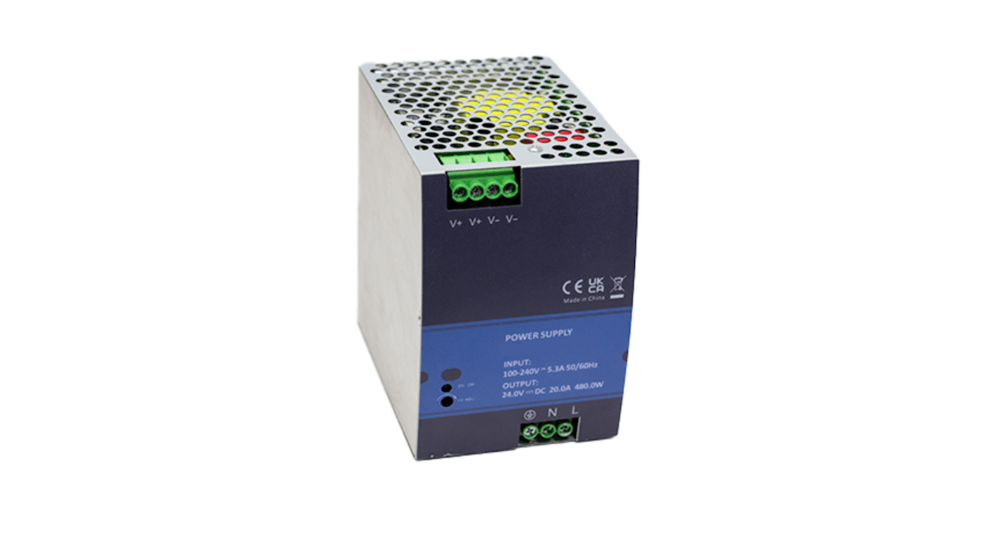 RS PRO Switch Mode DIN Rail Power Supply, 90 → 264V ac ac Input, 24V dc dc Output, 20A Output, 480W