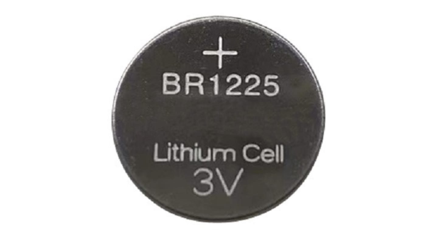 RS PRO BR1225纽扣电池, 3V, 45mAh, 锂聚碳酸脂一氟化物, 标准接端, 12.5 x 2.5mm