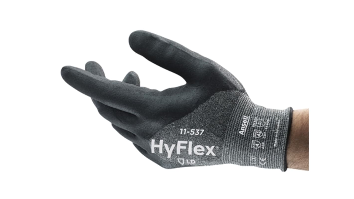 Ansell HyFlex 11-537 Black Glass Fiber, HPPE, Nylon, Spandex (Liner) Cut Resistant Work Gloves, Size 6, Foam Nitrile