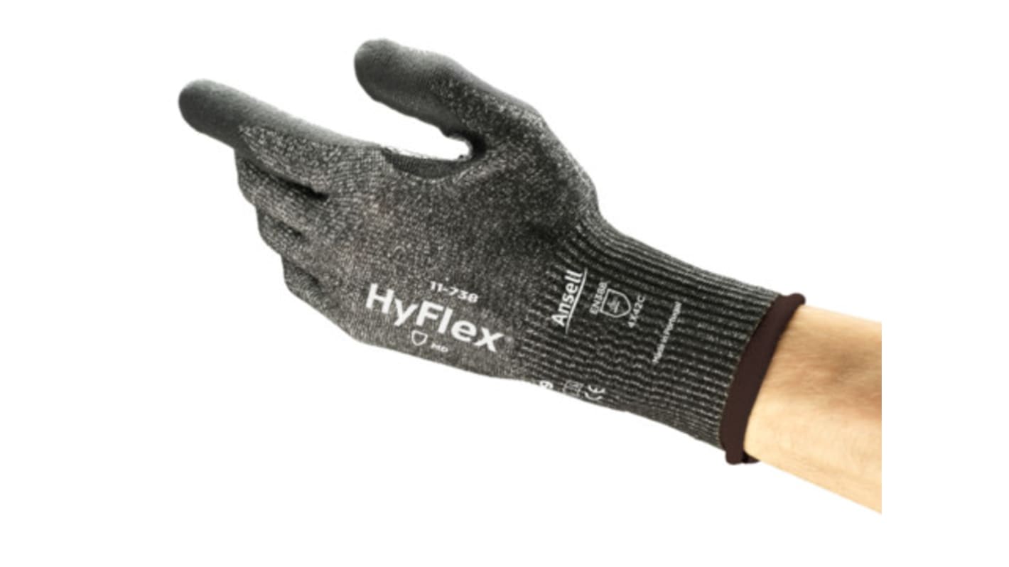 Ansell HyFlex 11-738 Black Glass Fiber, HPPE, Polyester, Spandex Cut Resistant Work Gloves, Size 9, Nitrile,