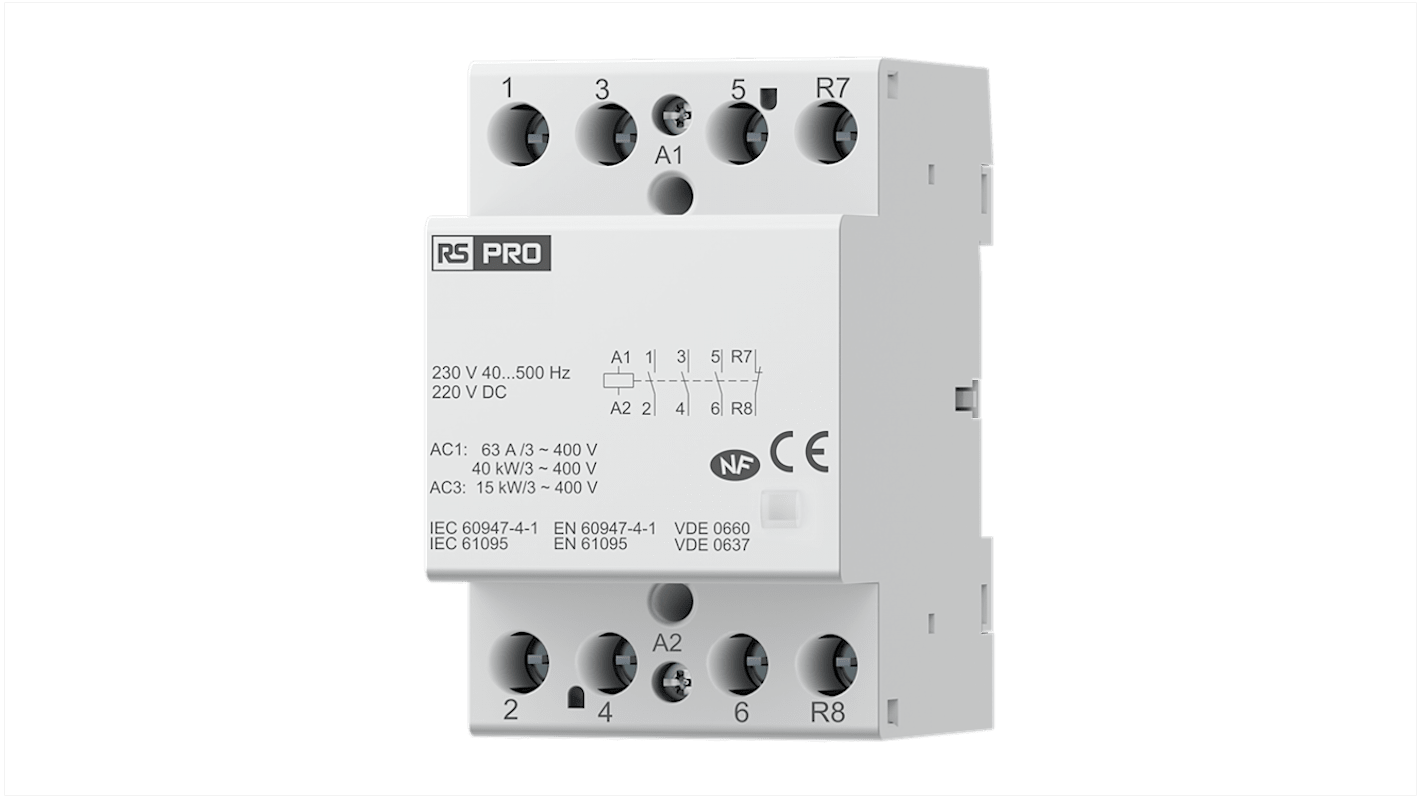 Contattore di installazione RS PRO, 4 poli, 3 NA/1 NC, 63 A, bobina 220 V cc, 230 V ca