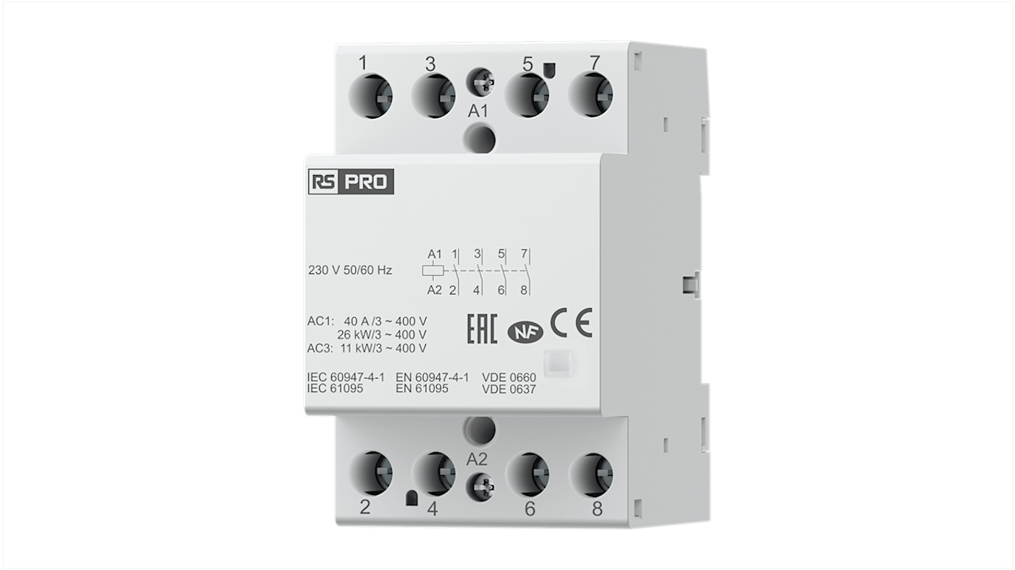 Contattore di installazione RS PRO, 4 poli, 4NO, 40 A, bobina 230 V CA