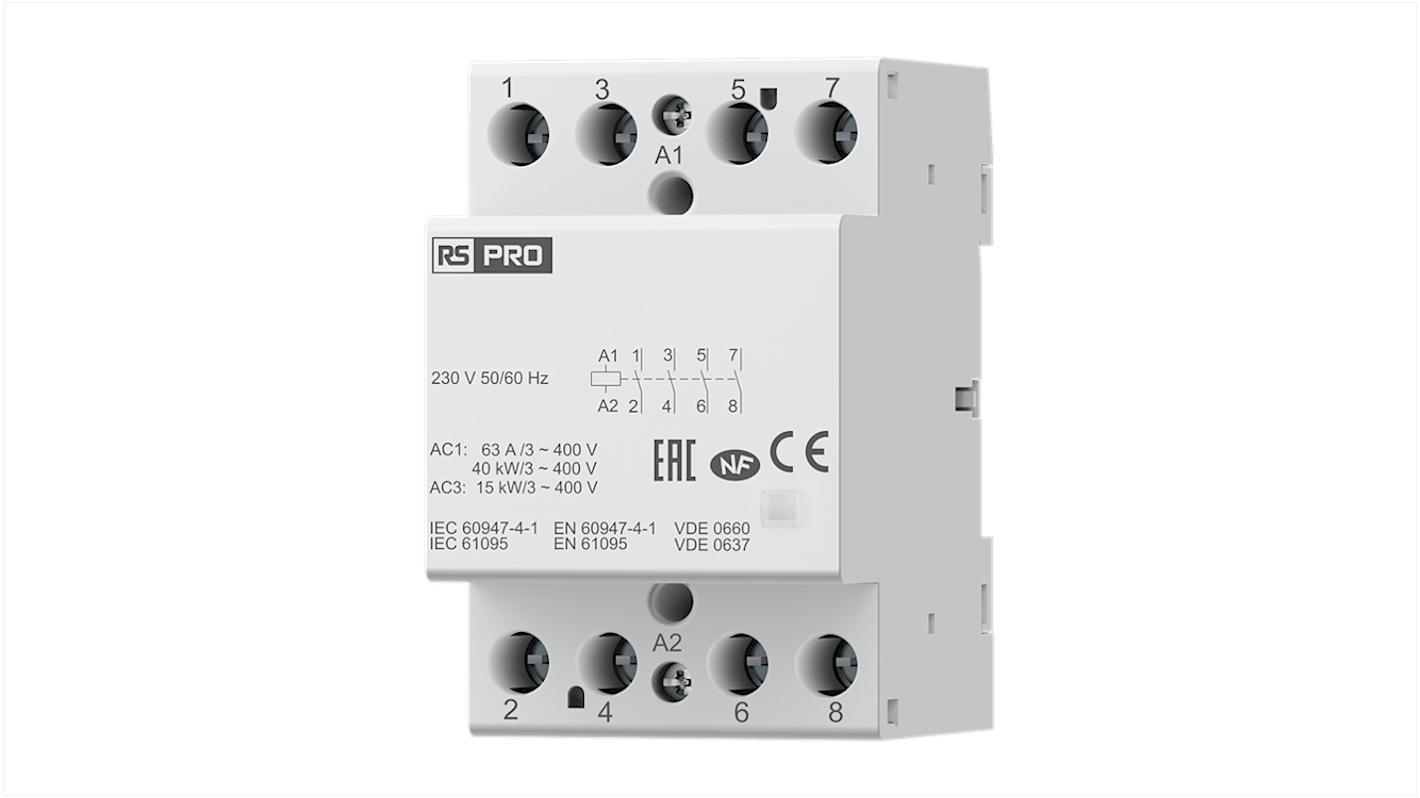 RS PRO Installation Contactor, 230 V ac Coil, 4-Pole, 63 A, 4NO