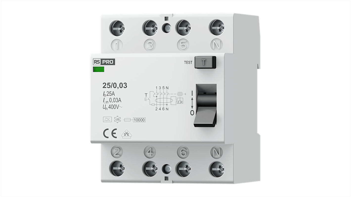 RS PRO Residential RCCBs, 25A, 4 Pole, 30mA, Type A, 400V