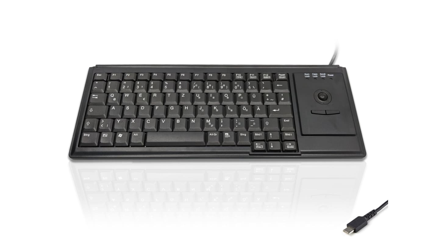 Ceratech KYB500-K82D-GR-C Wired USB Trackball Keyboard, QWERTZ (German), Black